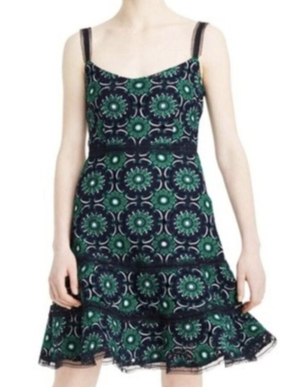 J. CREW Navy and Green Floral Lace-Trim Dress